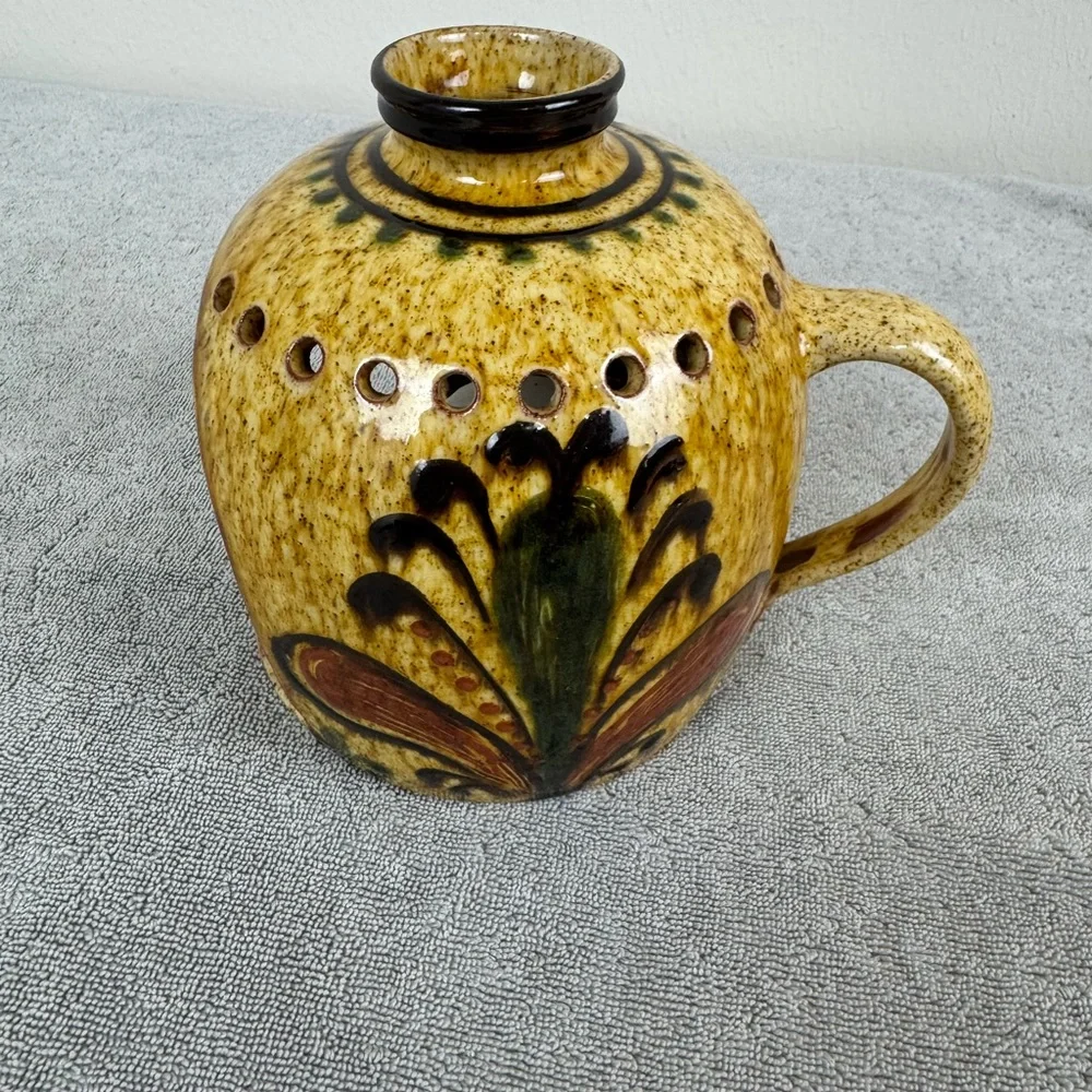 VTG Anton Lang Studios Red Clay Pottery Candle Holder w/ Handle Floral Germany